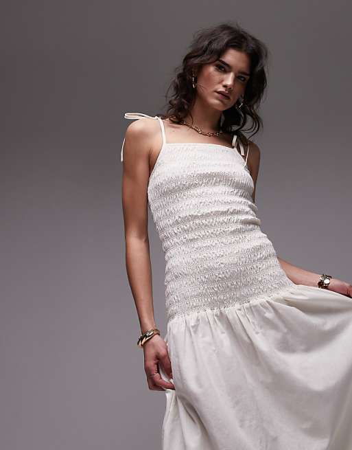 Asos Topshop Linen Cami Ruched Midi Dress In Ivory