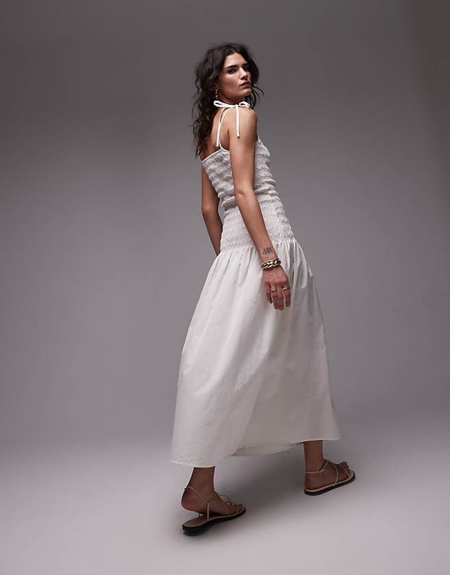 Asos Topshop Linen Cami Ruched Midi Dress In Ivory