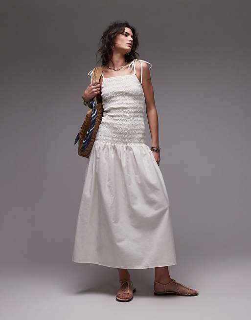 asos Topshop linen cami ruched midi dress in Ivory