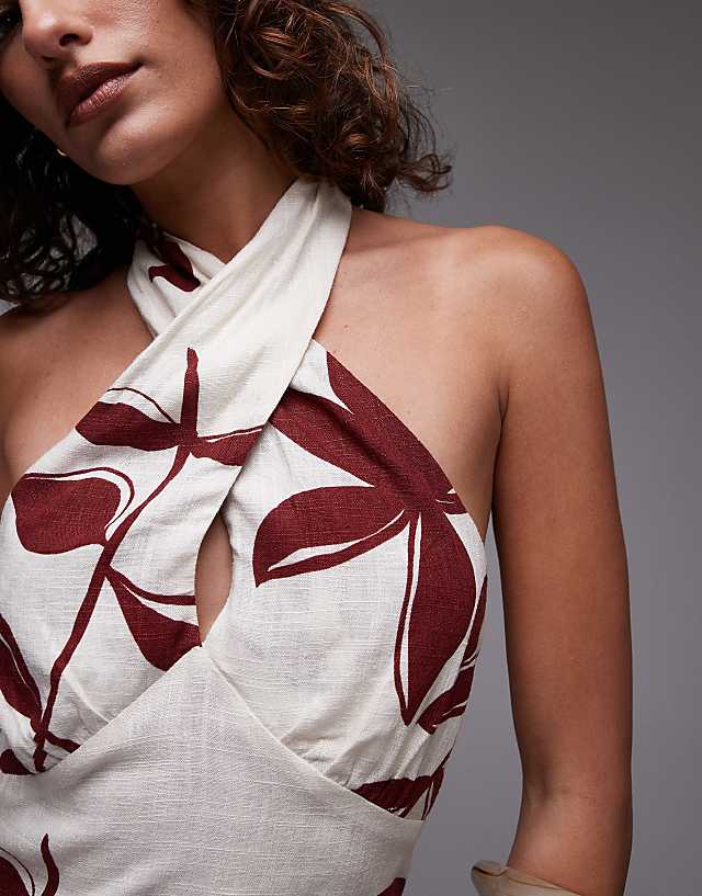 Asos Topshop Linen Halter Top In Leaf Print