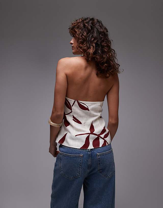 Asos Topshop Linen Halter Top In Leaf Print