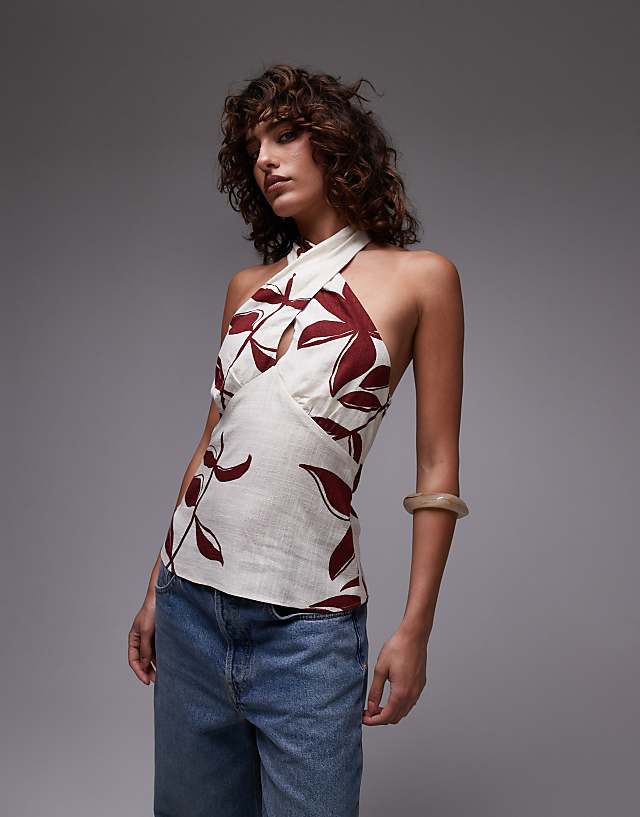 asos Topshop linen halter top in leaf print