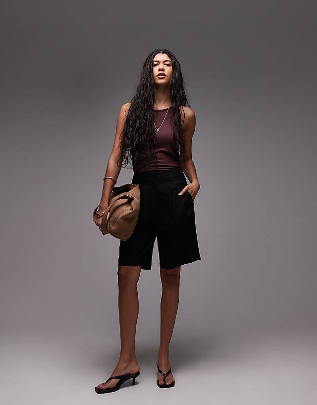 Asos Topshop Linen Longline Short In Black