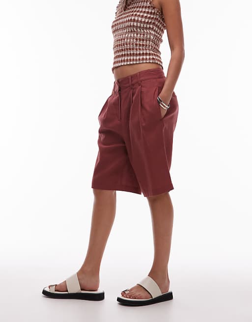 Asos Topshop Linen Longline Short In Burgundy