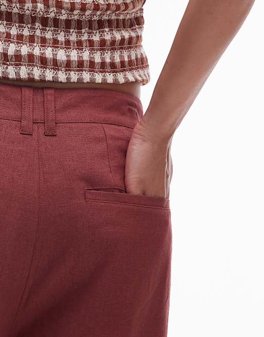 Asos Topshop Linen Longline Short In Burgundy