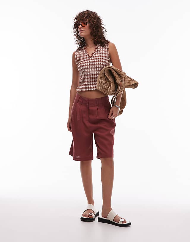 asos Topshop linen longline short in burgundy
