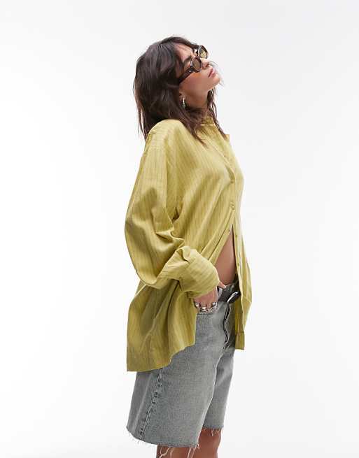 Asos Topshop Linen Look Shirt In Green Stripe