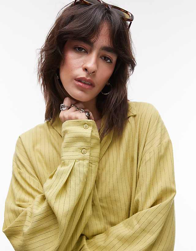 Asos Topshop Linen Look Shirt In Green Stripe