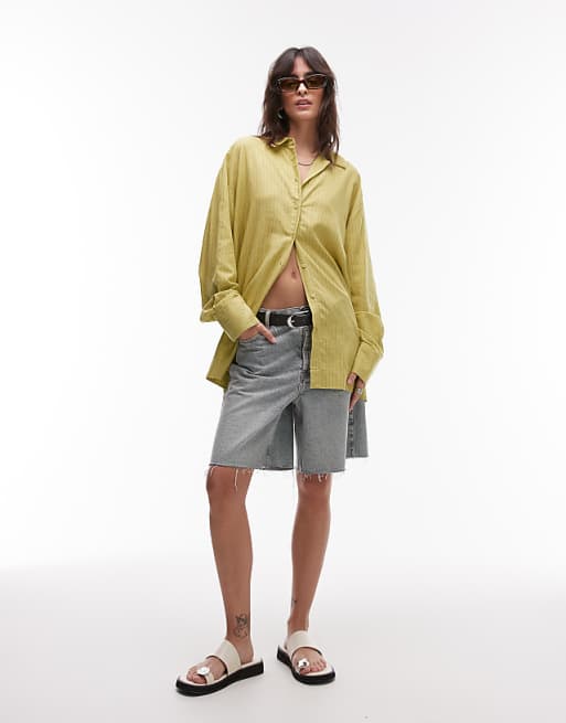 asos Topshop linen look shirt in green stripe