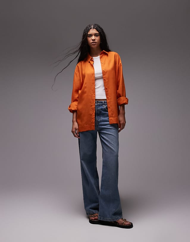 Asos Topshop Linen Look Shirt In Orange
