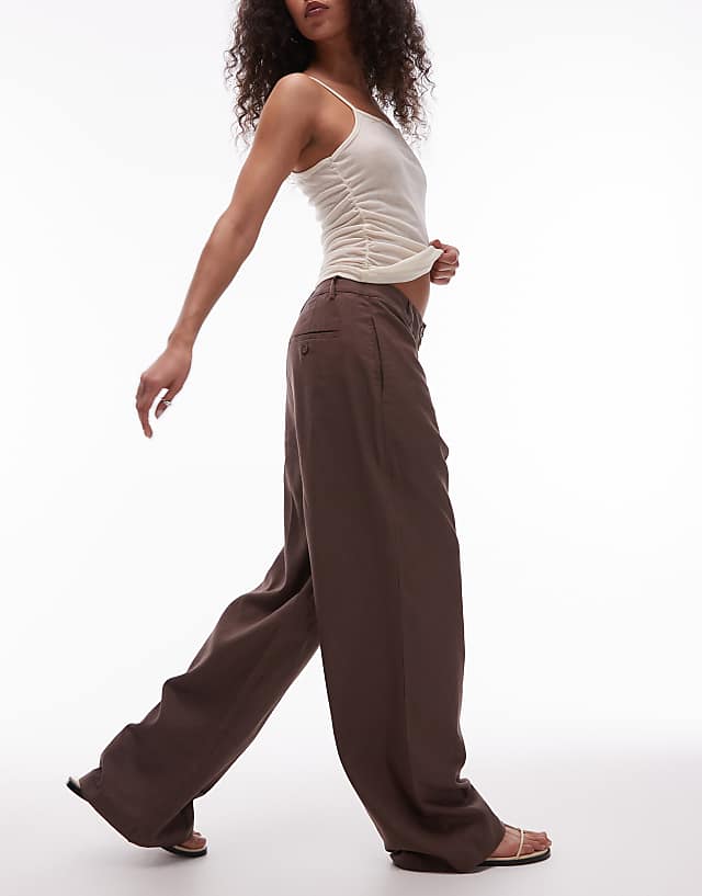 Asos Topshop Linen Low Slung Trouser In Chocolate