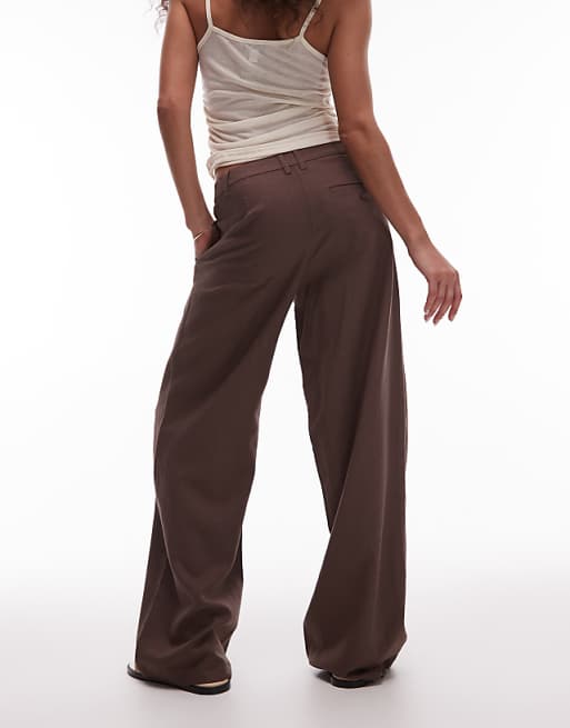 Asos Topshop Linen Low Slung Trouser In Chocolate
