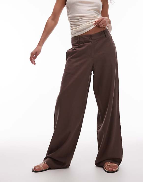 asos Topshop linen low slung trouser in chocolate