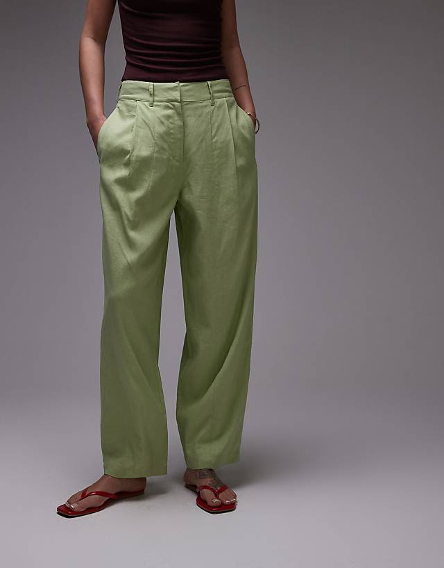 Asos Topshop Linen Ovoid Trouser In Light Green