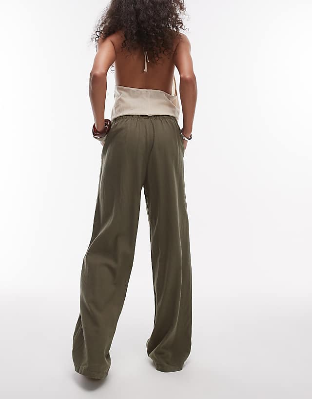 Asos Topshop Linen Straight Leg Trouser In Khaki