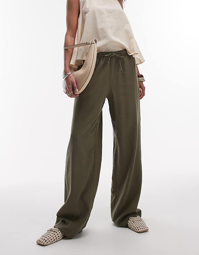 Asos Topshop Linen Straight Leg Trouser In Khaki