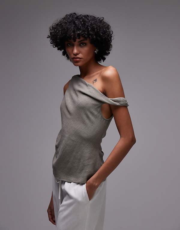 asos Topshop linen twist shoulder top in green