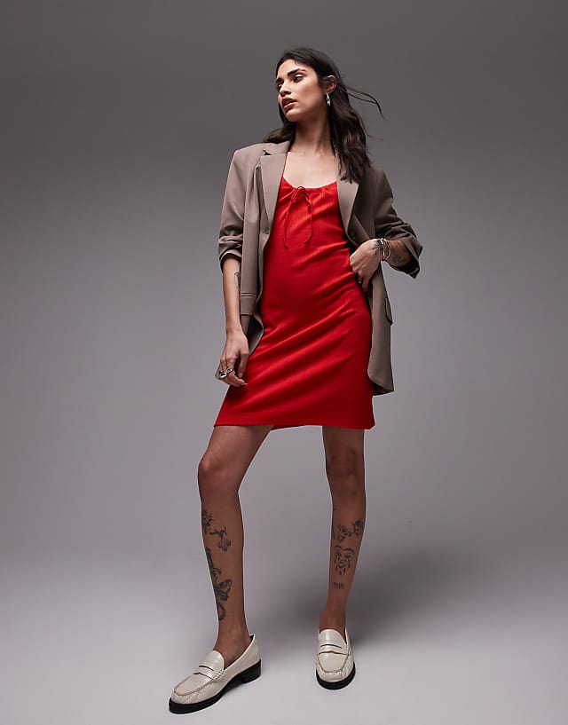 Asos Topshop Pointelle Tie Front Mini Dress In Red