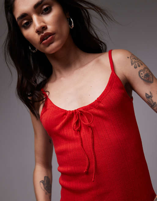 Asos Topshop Pointelle Tie Front Mini Dress In Red