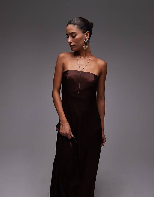 Asos Topshop Satin Bandeau Midi Dress In Chocolate