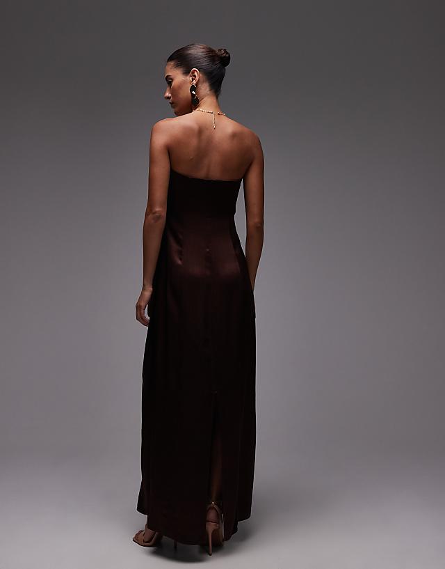 Asos Topshop Satin Bandeau Midi Dress In Chocolate