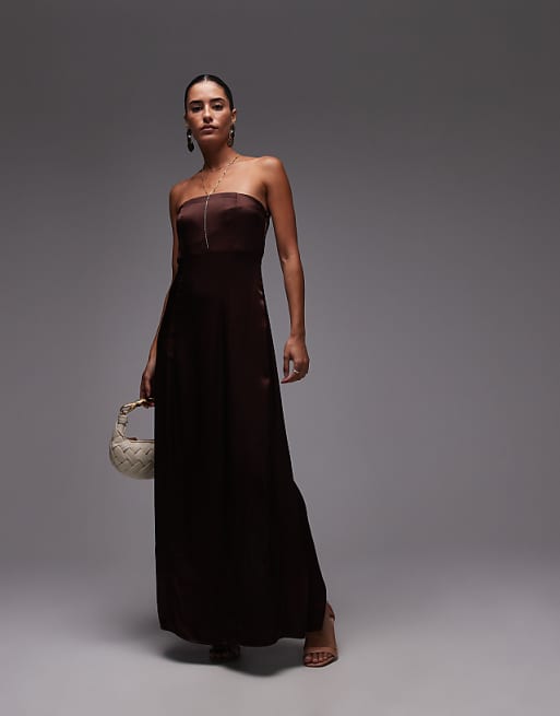 asos Topshop satin bandeau midi dress in chocolate