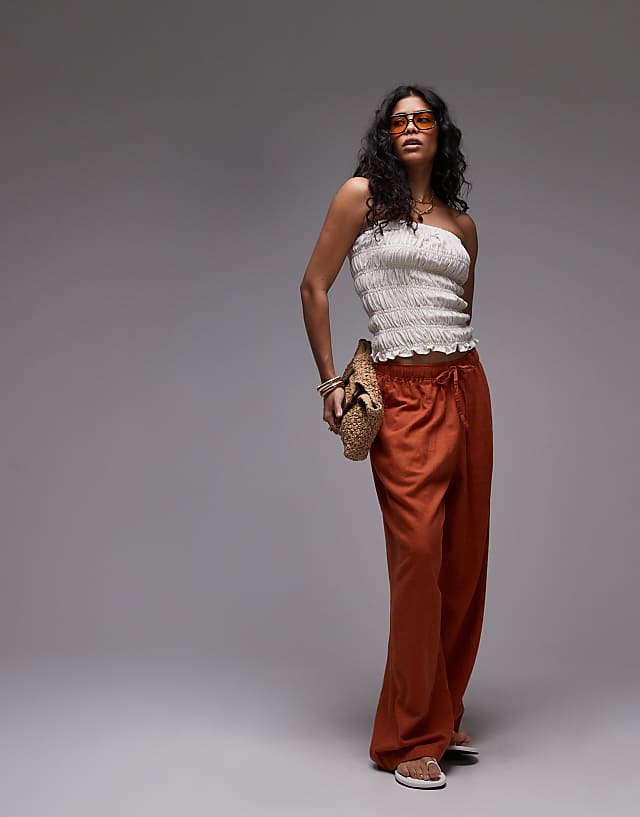 Asos Topshop Shirred Linen Bandeau In Natural