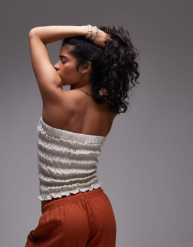 Asos Topshop Shirred Linen Bandeau In Natural