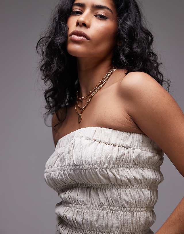 Asos Topshop Shirred Linen Bandeau In Natural