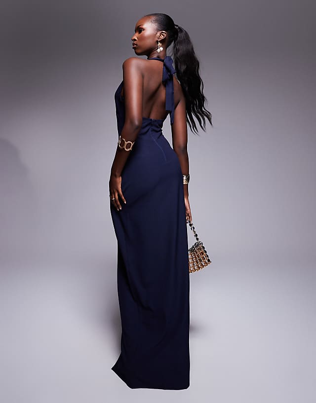 Asos Vesper Plunge Neck Maxi Dress In Navy
