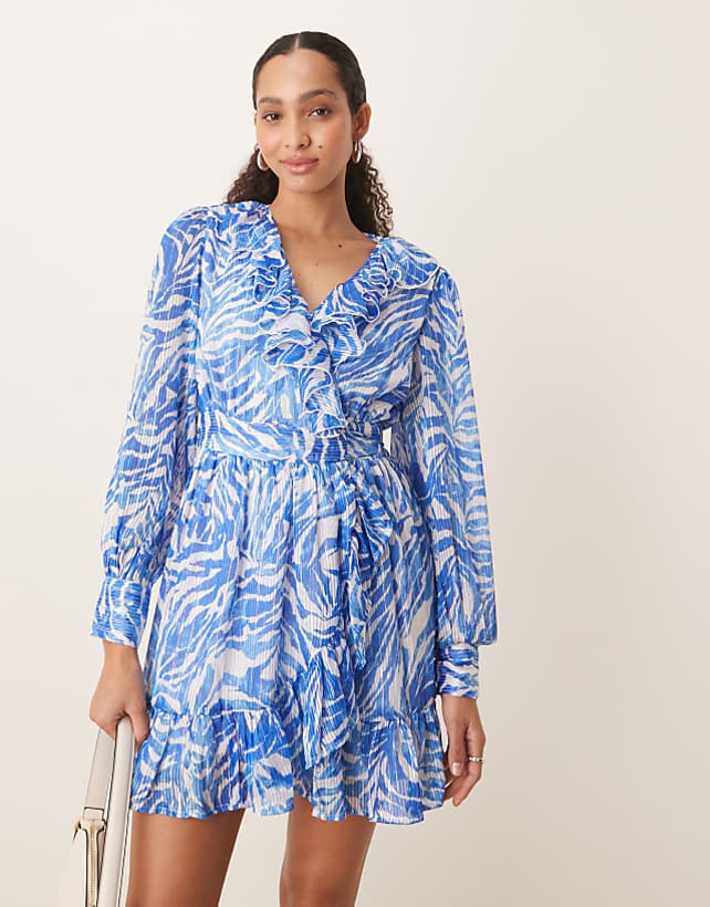 Asos Vila Flounce Mini Dress In Blue Zebra Print