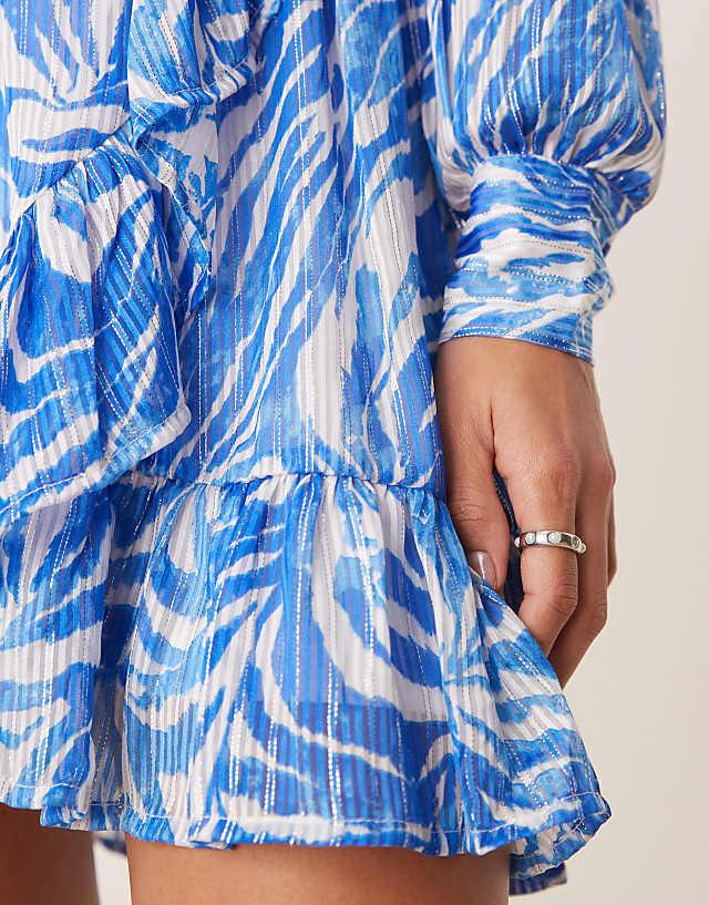Asos Vila Flounce Mini Dress In Blue Zebra Print
