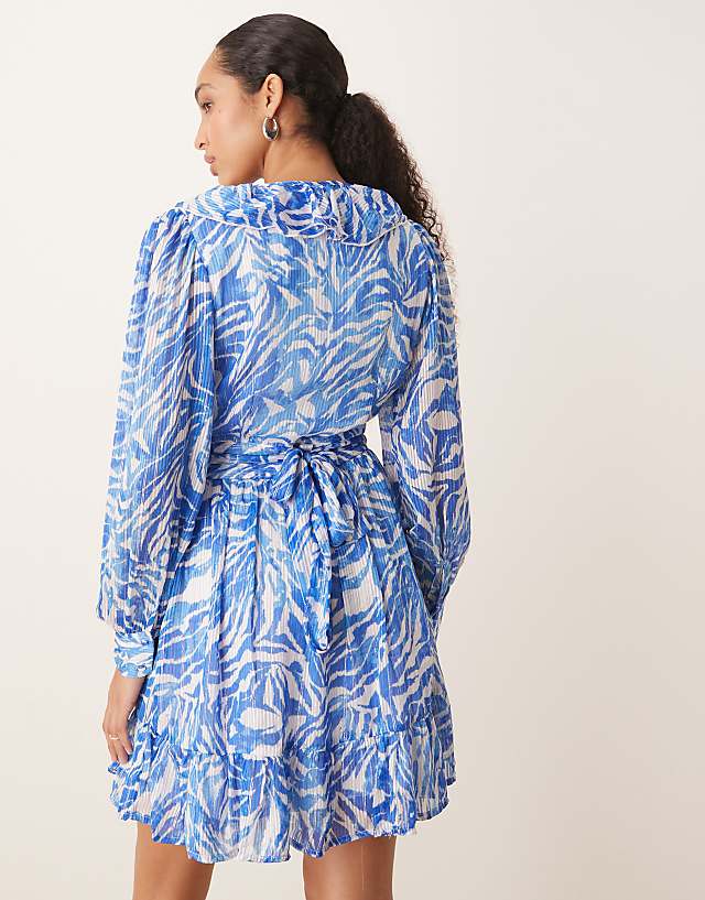 Asos Vila Flounce Mini Dress In Blue Zebra Print