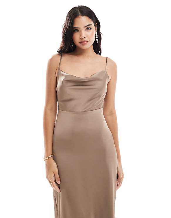 Asos Vila Satin Cowl Neck Cami Maxi Dress In Taupe