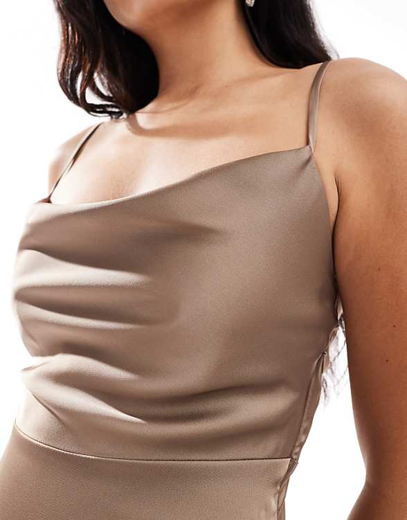 Asos Vila Satin Cowl Neck Cami Maxi Dress In Taupe