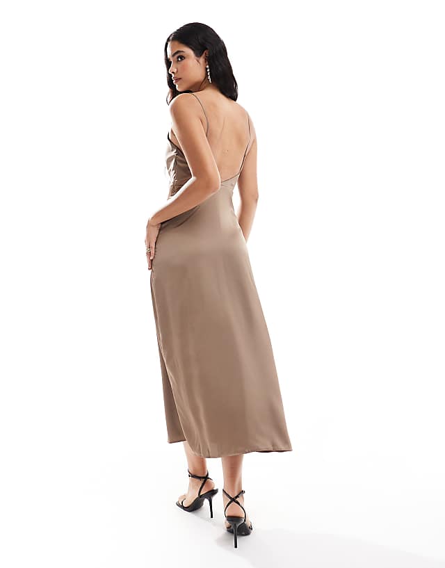 Asos Vila Satin Cowl Neck Cami Maxi Dress In Taupe
