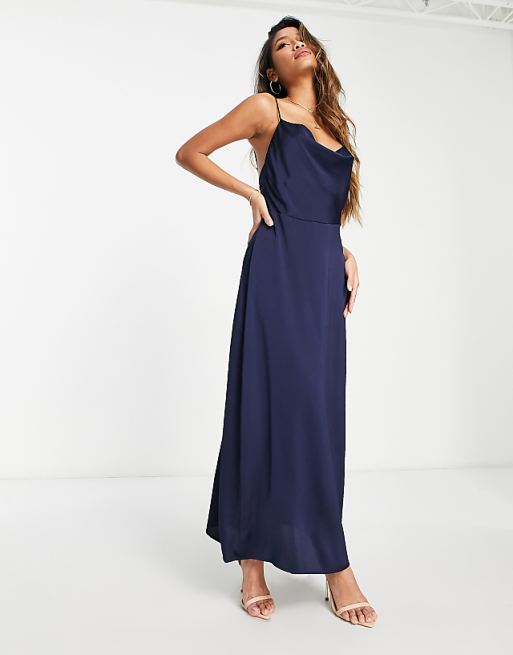 Asos Vila Satin Cowl Neck Maxi Dress In Navy Blue