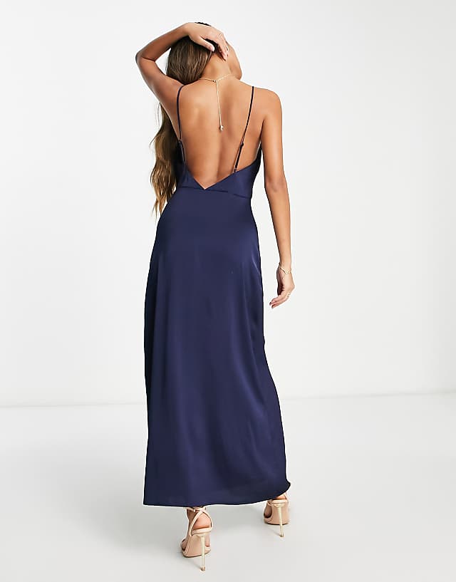 Asos Vila Satin Cowl Neck Maxi Dress In Navy Blue