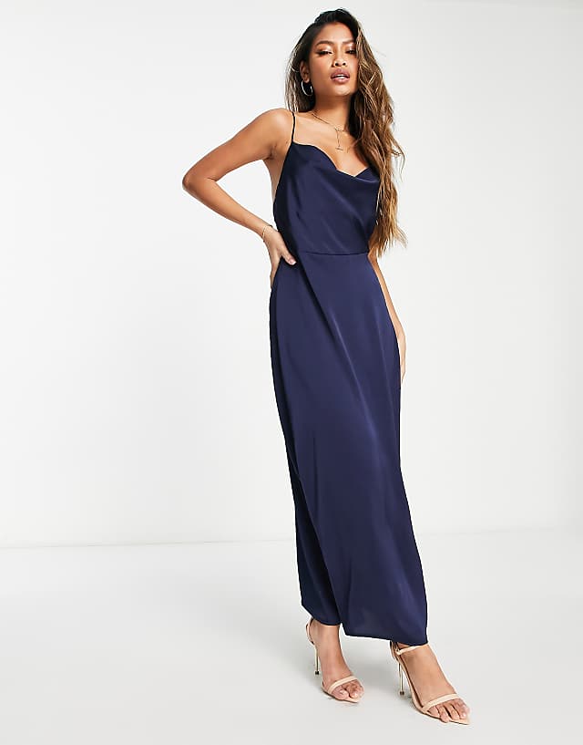 asos Vila satin cowl neck maxi dress in navy blue