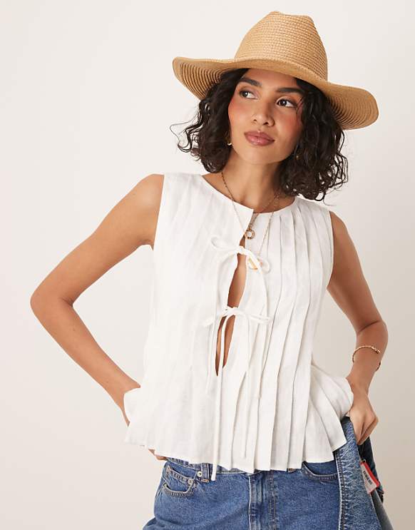 asos VRG GRL valeria tie front linen top in white