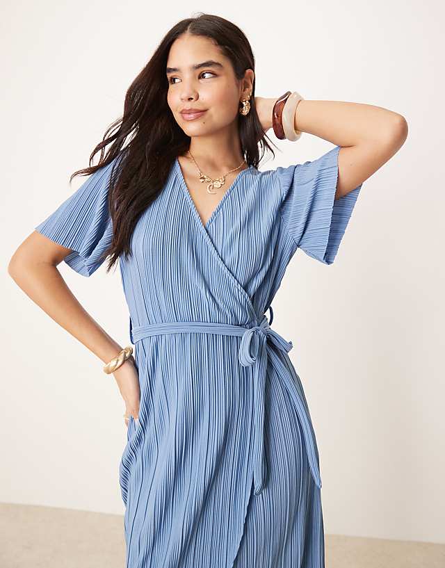 Asos YAS Plisse Wrap Midi Dress In Blue