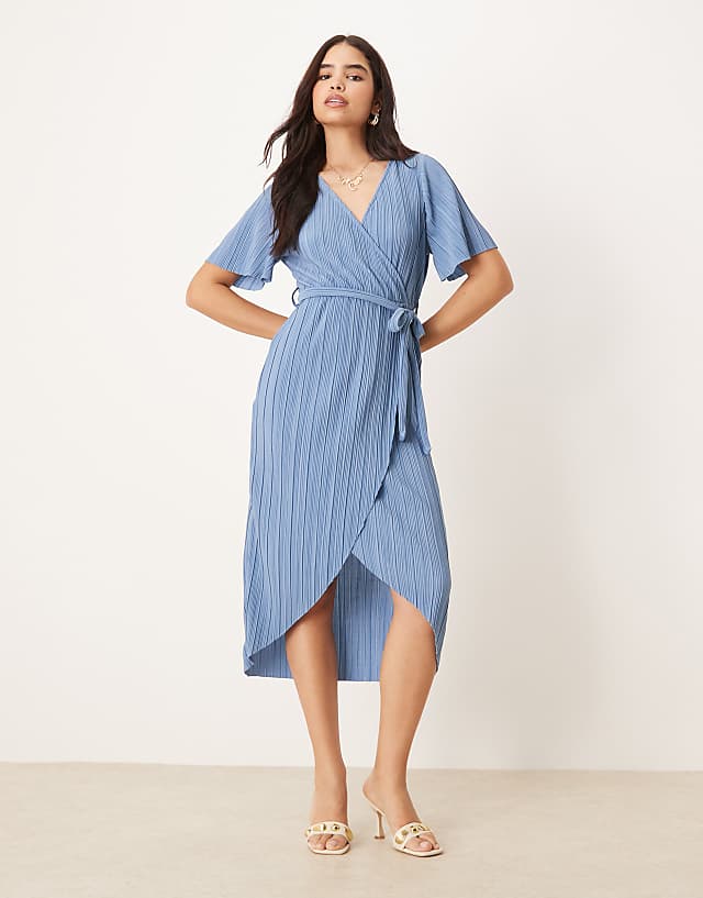 asos YAS plisse wrap midi dress in blue