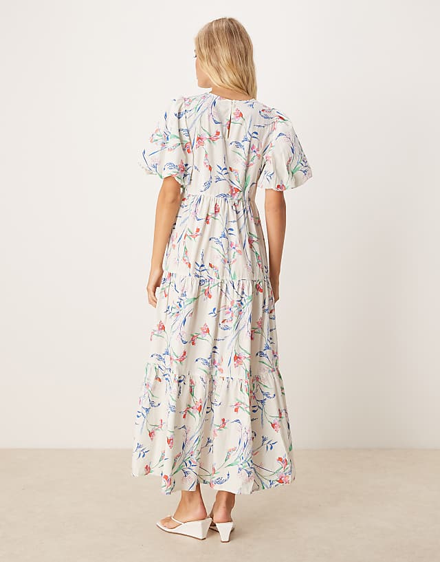 Asos YAS Puff Sleeve Floral Midi Dress In Cream