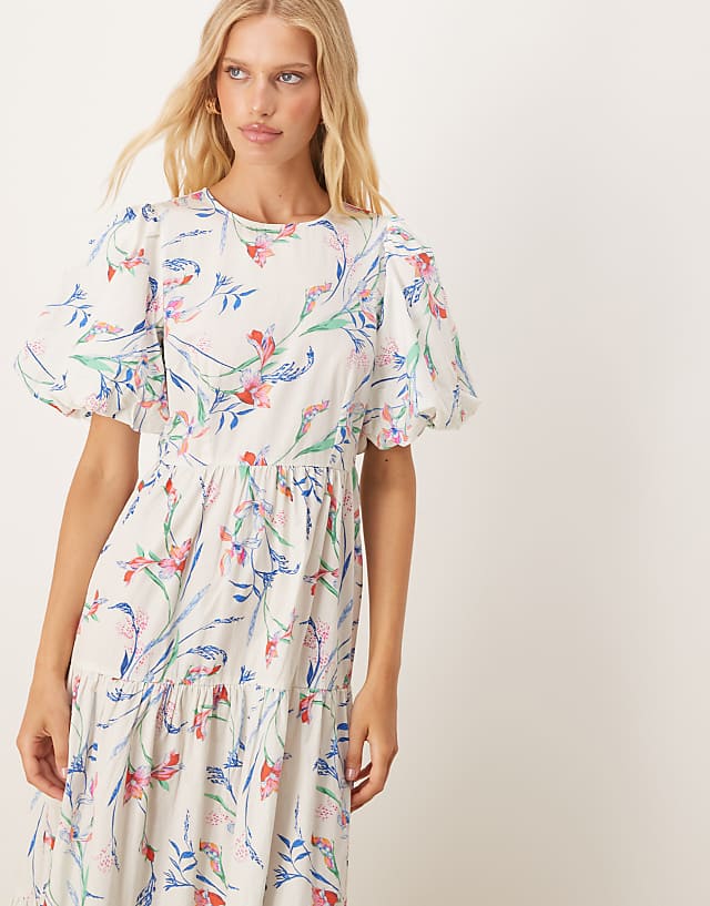 Asos YAS Puff Sleeve Floral Midi Dress In Cream