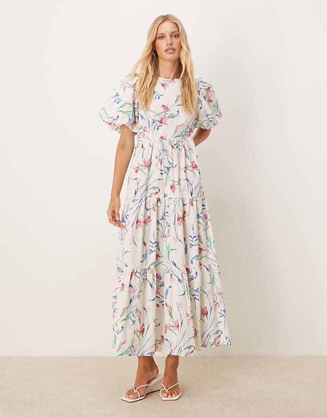 asos YAS puff sleeve floral midi dress in cream
