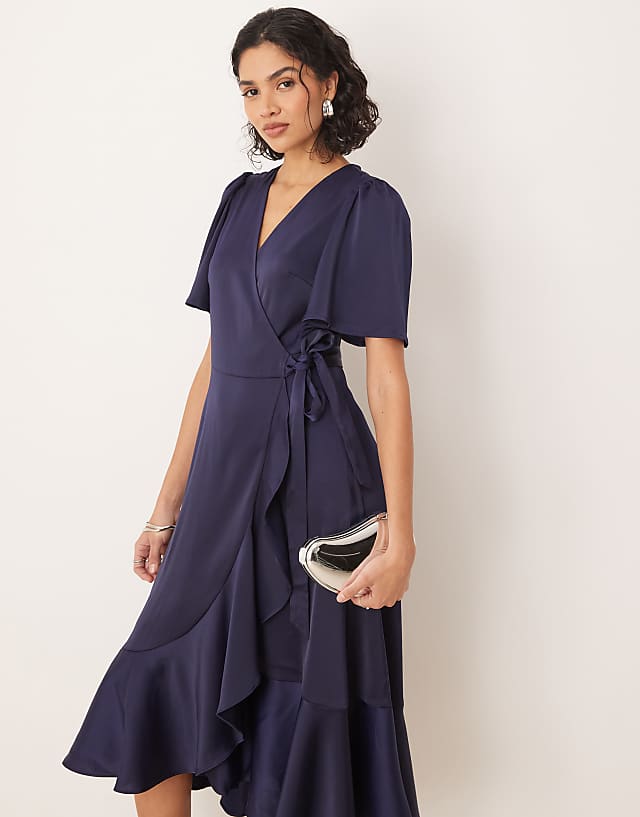 Asos YAS Satin Midi Wrap Dress In Navy