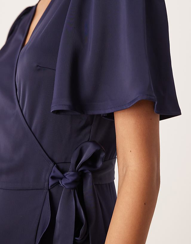 Asos YAS Satin Midi Wrap Dress In Navy