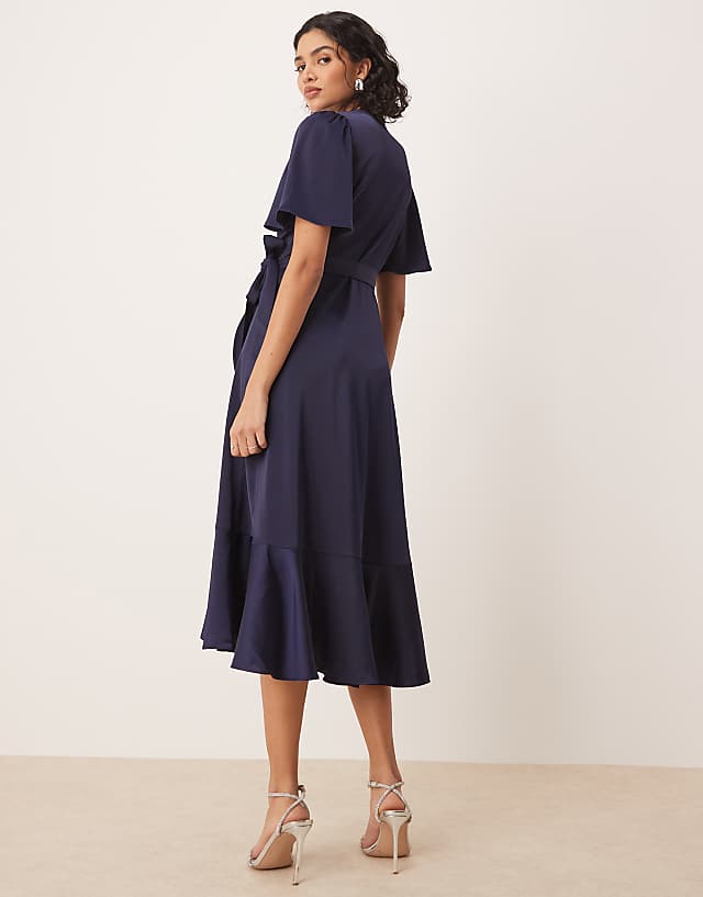 Asos YAS Satin Midi Wrap Dress In Navy