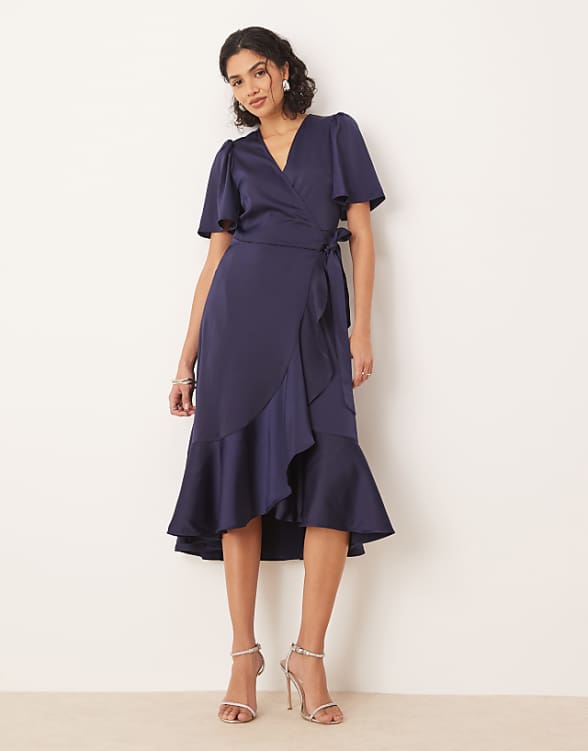 asos YAS satin midi wrap dress in navy