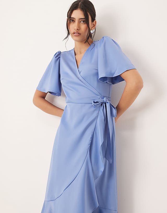 Asos YAS Satin Wrap Midi Dress In Blue
